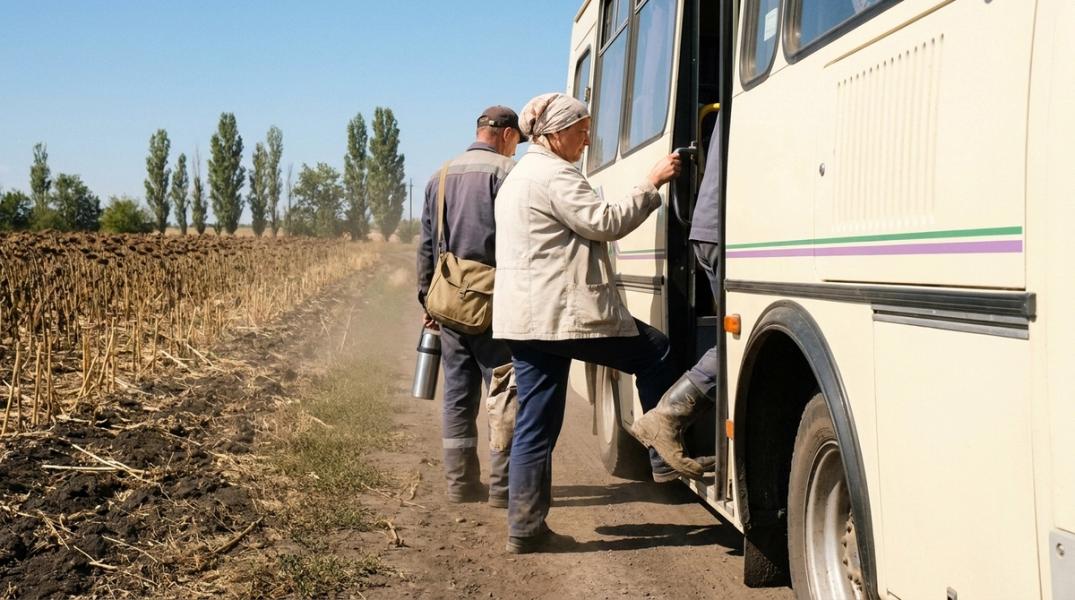 Сезонні працівники піднімаються у службовий автобус на ґрунтовій дорозі біля скошеного соняшникового поля