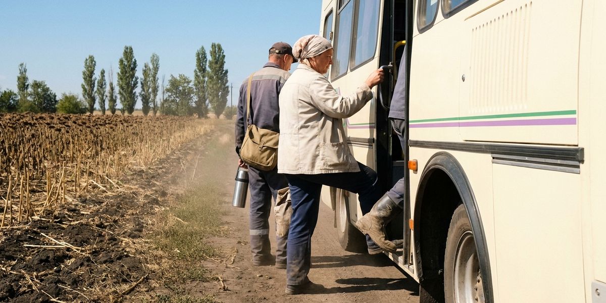 Сезонні працівники піднімаються у службовий автобус на ґрунтовій дорозі біля скошеного соняшникового поля