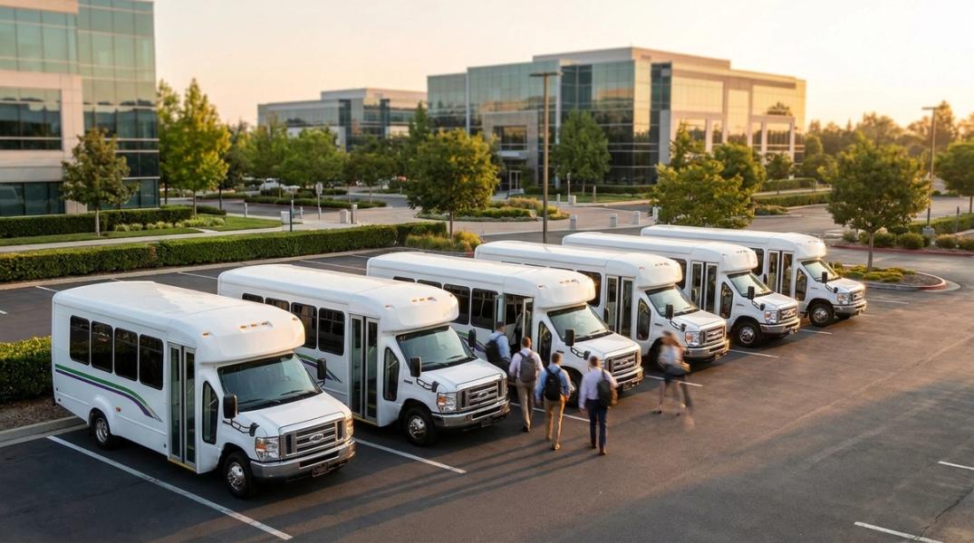 A fleet of corporate commuter shuttles parked at a suburban campus at shift change
