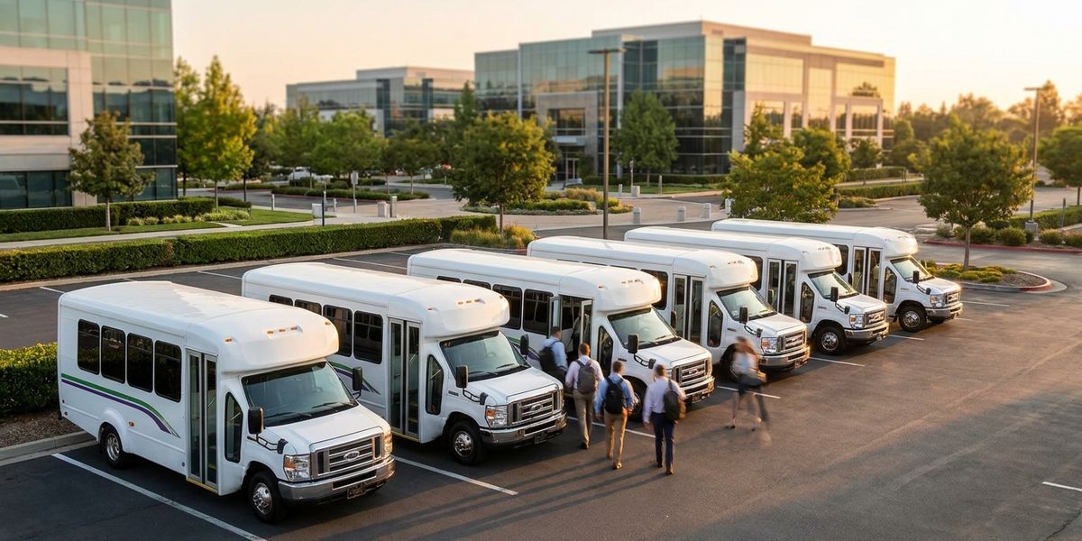 A fleet of corporate commuter shuttles parked at a suburban campus at shift change
