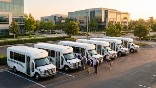 A fleet of corporate commuter shuttles parked at a suburban campus at shift change
