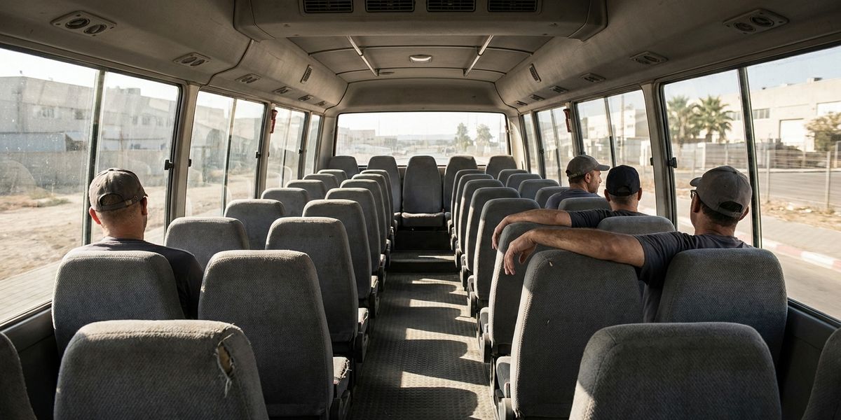 פנים מיניבוס הסעות עובדים באמצע היום, ארבעה נוסעים בלבד פזורים בין מושבים ריקים באור שמש נמוך