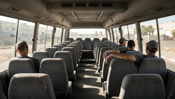 פנים מיניבוס הסעות עובדים באמצע היום, ארבעה נוסעים בלבד פזורים בין מושבים ריקים באור שמש נמוך