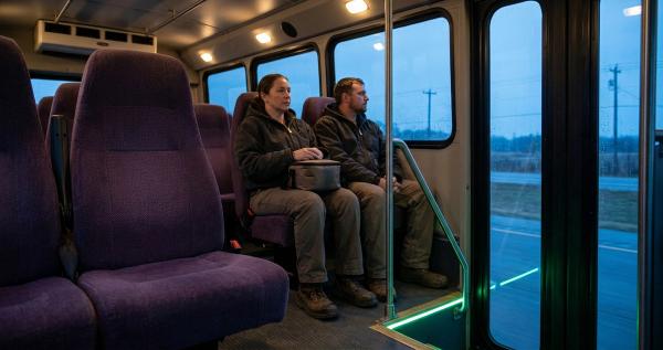 Two shift workers seated inside an employee shuttle before dawn, with an empty purple-upholstered seat in the foreground