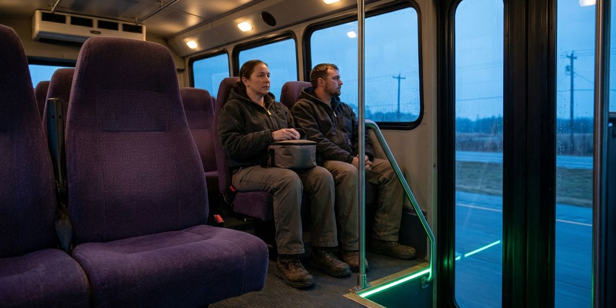 Two shift workers seated inside an employee shuttle before dawn, with an empty purple-upholstered seat in the foreground