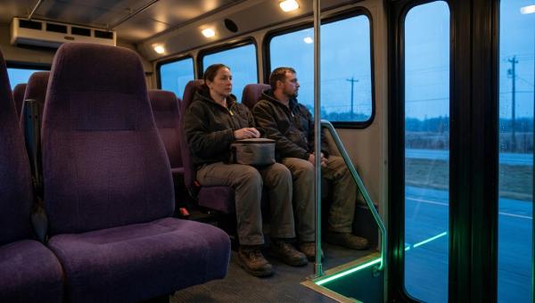 Two shift workers seated inside an employee shuttle before dawn, with an empty purple-upholstered seat in the foreground