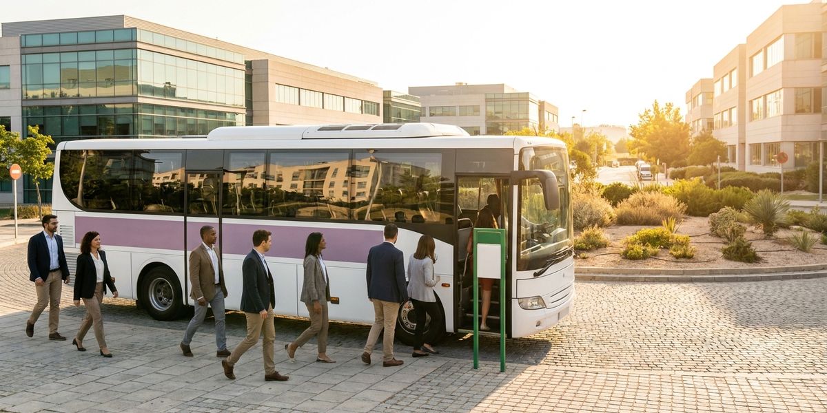Empleados subiendo a un autobús lanzadera corporativo en un polígono empresarial español por la mañana