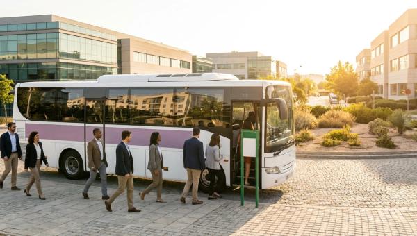 Empleados subiendo a un autobús lanzadera corporativo en un polígono empresarial español por la mañana
