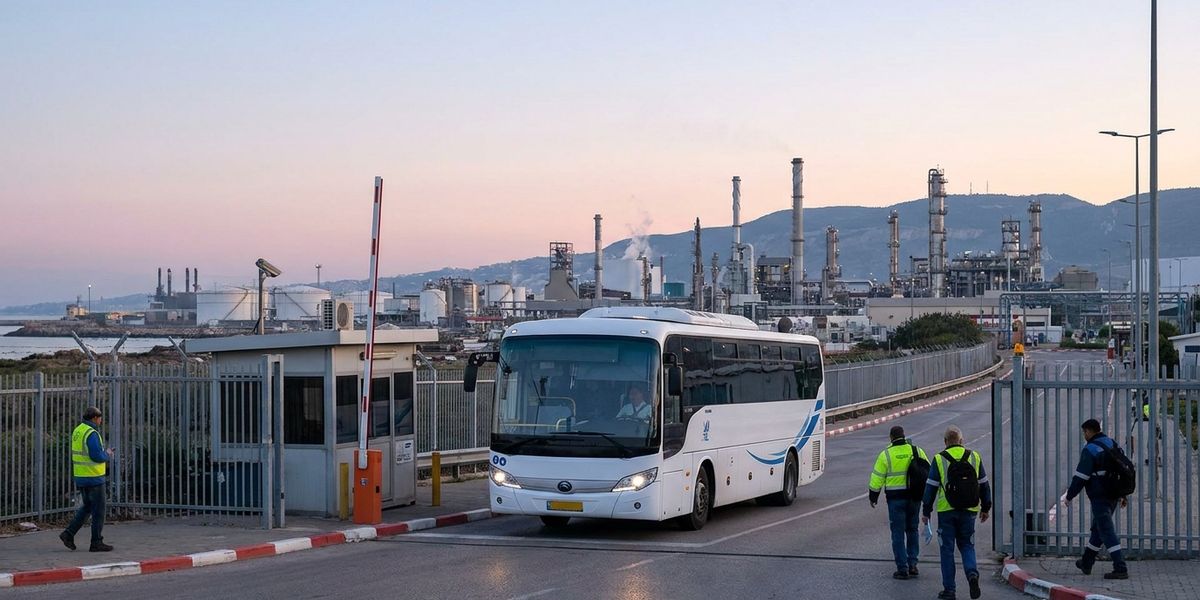 שאטל עובדים מגיע לשער מפעל תעשייה בחילופי משמרת בבוקר מוקדם