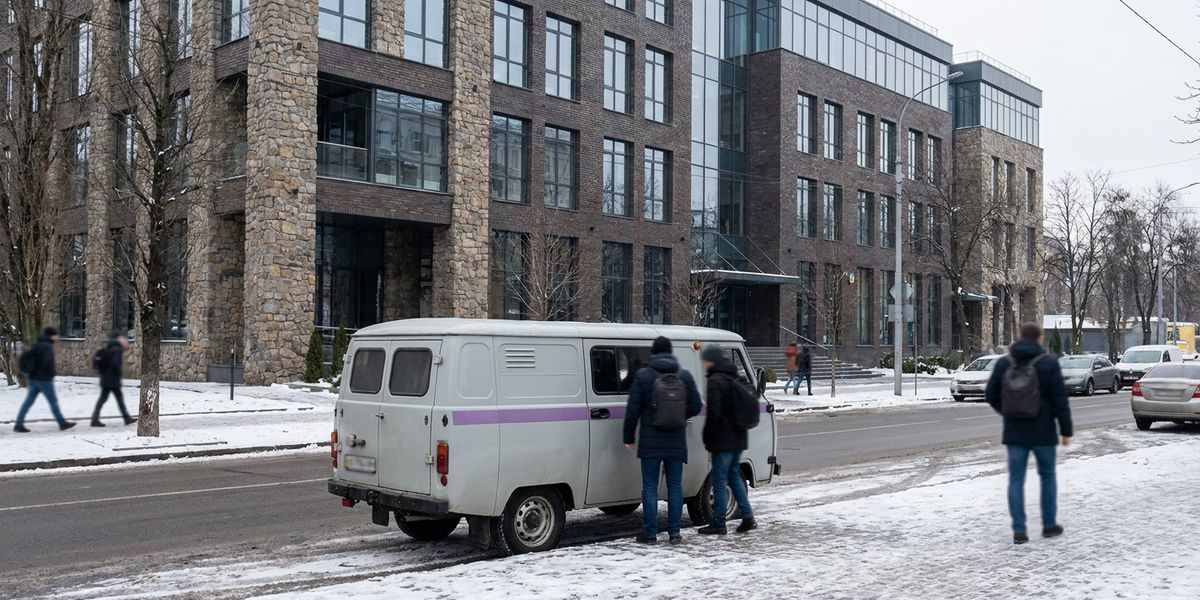 Корпоративний мікроавтобус забирає працівників біля офісу IT-парку зимового ранку.