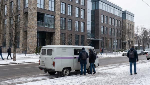 Корпоративний мікроавтобус забирає працівників біля офісу IT-парку зимового ранку.