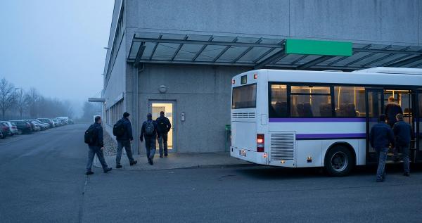 Schichtwechsel im Morgengrauen: Beschäftigte steigen in einen Werksbus, andere gehen ins Werk, links ein voller Parkplatz