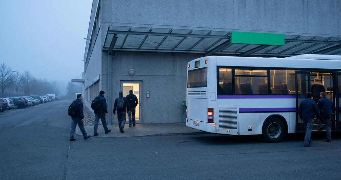 Schichtwechsel im Morgengrauen: Beschäftigte steigen in einen Werksbus, andere gehen ins Werk, links ein voller Parkplatz