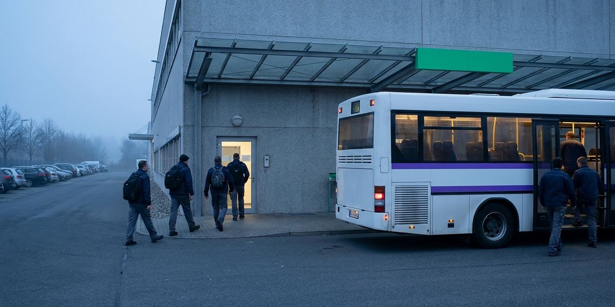 Schichtwechsel im Morgengrauen: Beschäftigte steigen in einen Werksbus, andere gehen ins Werk, links ein voller Parkplatz