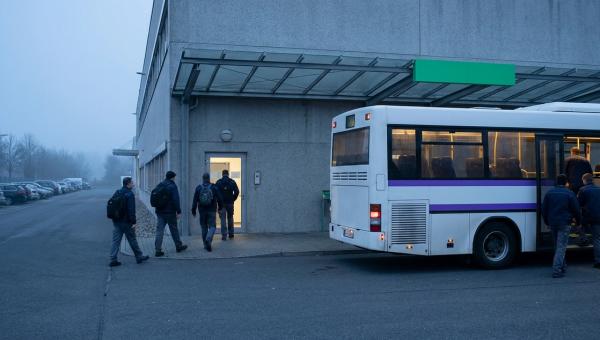 Schichtwechsel im Morgengrauen: Beschäftigte steigen in einen Werksbus, andere gehen ins Werk, links ein voller Parkplatz