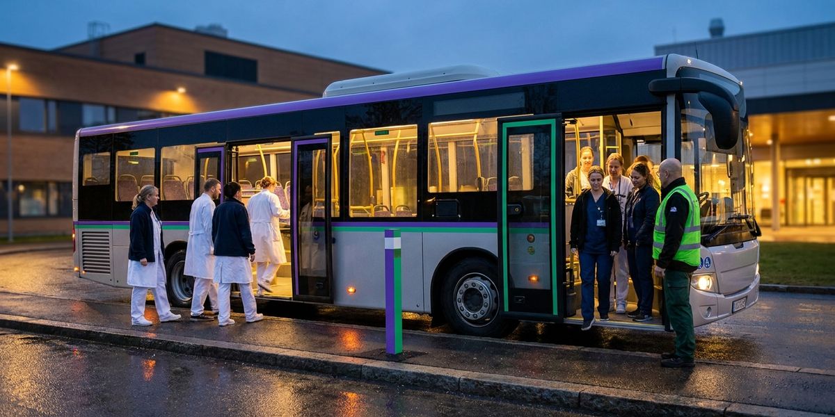 Службовий автобус біля входу в лікарню в сутінках: одна зміна медпрацівників виходить, інша заходить у салон.