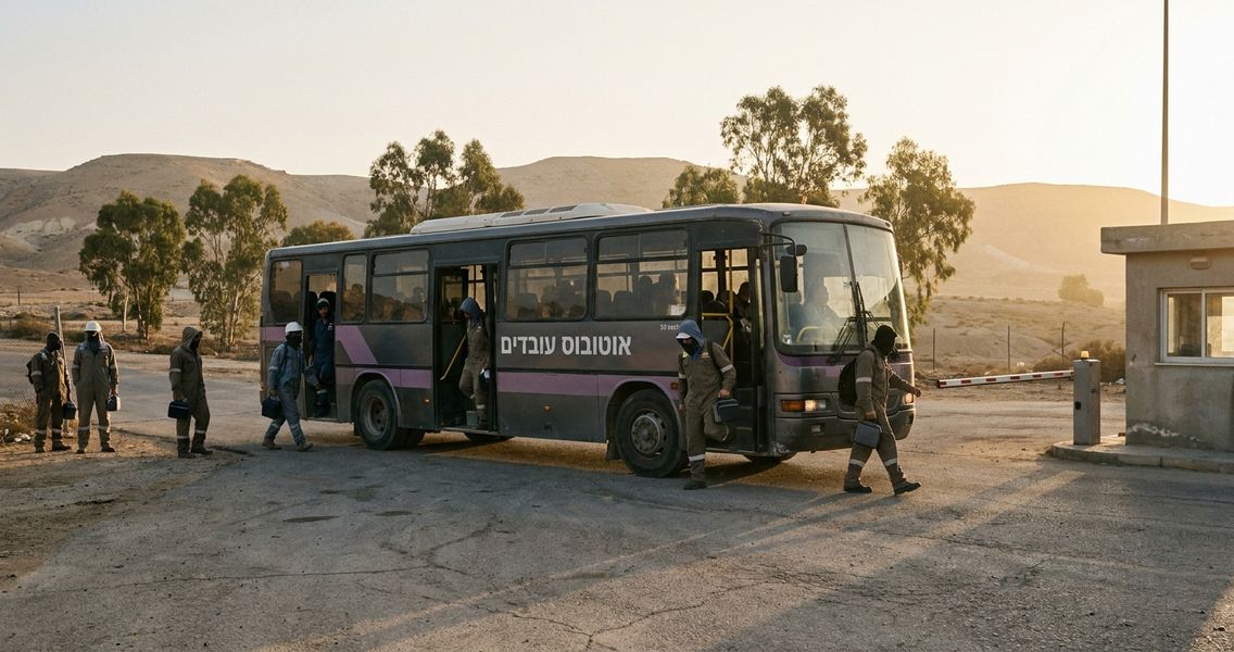 אוטובוס הסעה ארגוני מחנה ליד שער פארק תעשייה בנגב בבוקר מוקדם, ברקע גגות מפעלים ושמיים של שעת זריחה