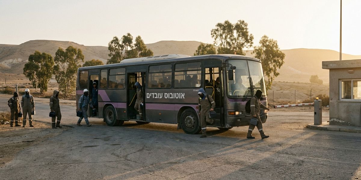 אוטובוס הסעה ארגוני מחנה ליד שער פארק תעשייה בנגב בבוקר מוקדם, ברקע גגות מפעלים ושמיים של שעת זריחה