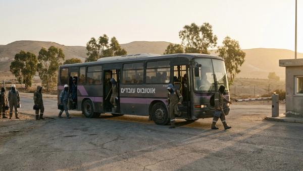 אוטובוס הסעה ארגוני מחנה ליד שער פארק תעשייה בנגב בבוקר מוקדם, ברקע גגות מפעלים ושמיים של שעת זריחה