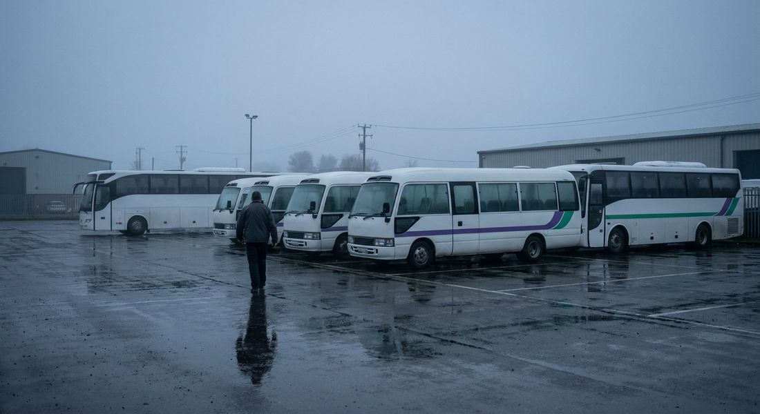 Напівпорожнє депо службового розвезення на світанку: припарковані мікроавтобуси з порожніми кабінами й самотній водій