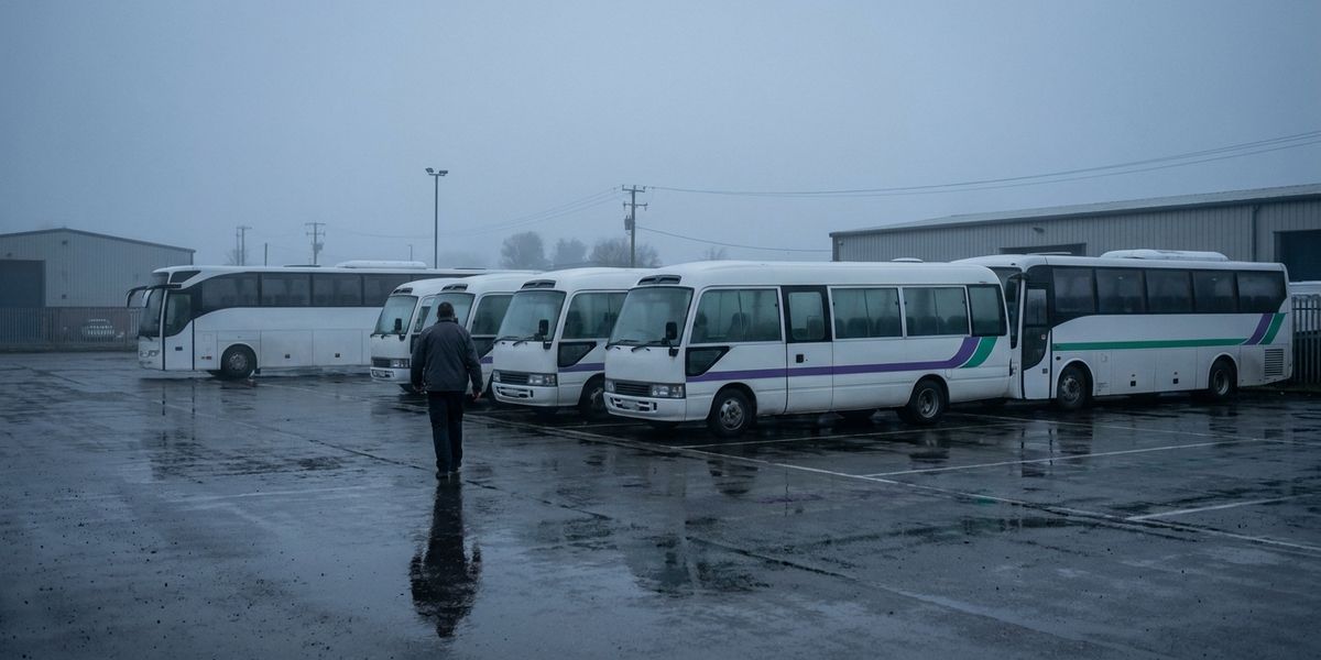 Напівпорожнє депо службового розвезення на світанку: припарковані мікроавтобуси з порожніми кабінами й самотній водій