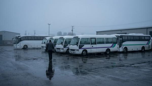 Напівпорожнє депо службового розвезення на світанку: припарковані мікроавтобуси з порожніми кабінами й самотній водій