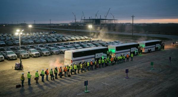 Trade workers in hi-vis boarding shuttle coaches at a floodlit rural park-and-ride, construction cranes on the horizon