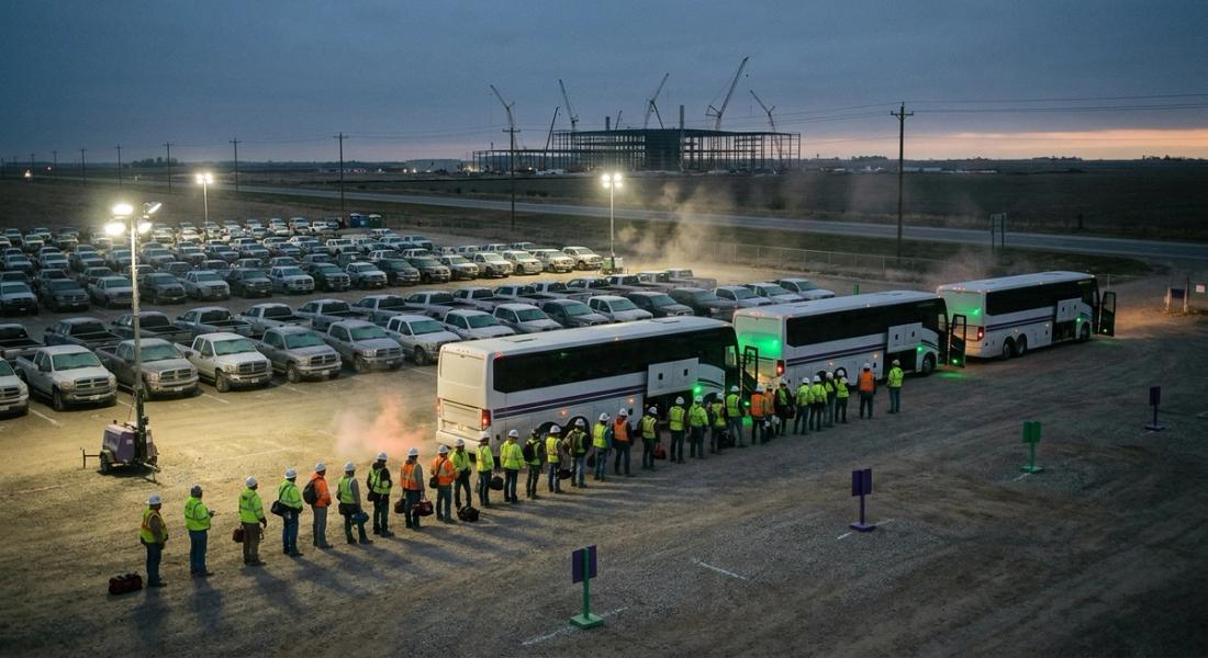Trade workers in hi-vis boarding shuttle coaches at a floodlit rural park-and-ride, construction cranes on the horizon