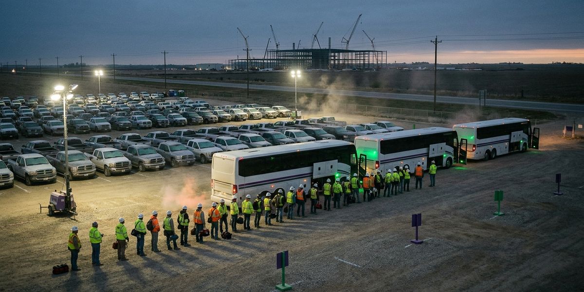 Trade workers in hi-vis boarding shuttle coaches at a floodlit rural park-and-ride, construction cranes on the horizon