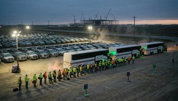 Trade workers in hi-vis boarding shuttle coaches at a floodlit rural park-and-ride, construction cranes on the horizon