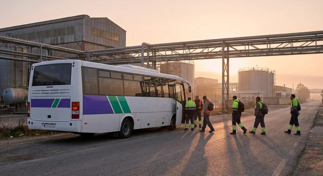 Autobús lanzadera de empresa recogiendo a trabajadores a primera hora frente a una planta industrial española