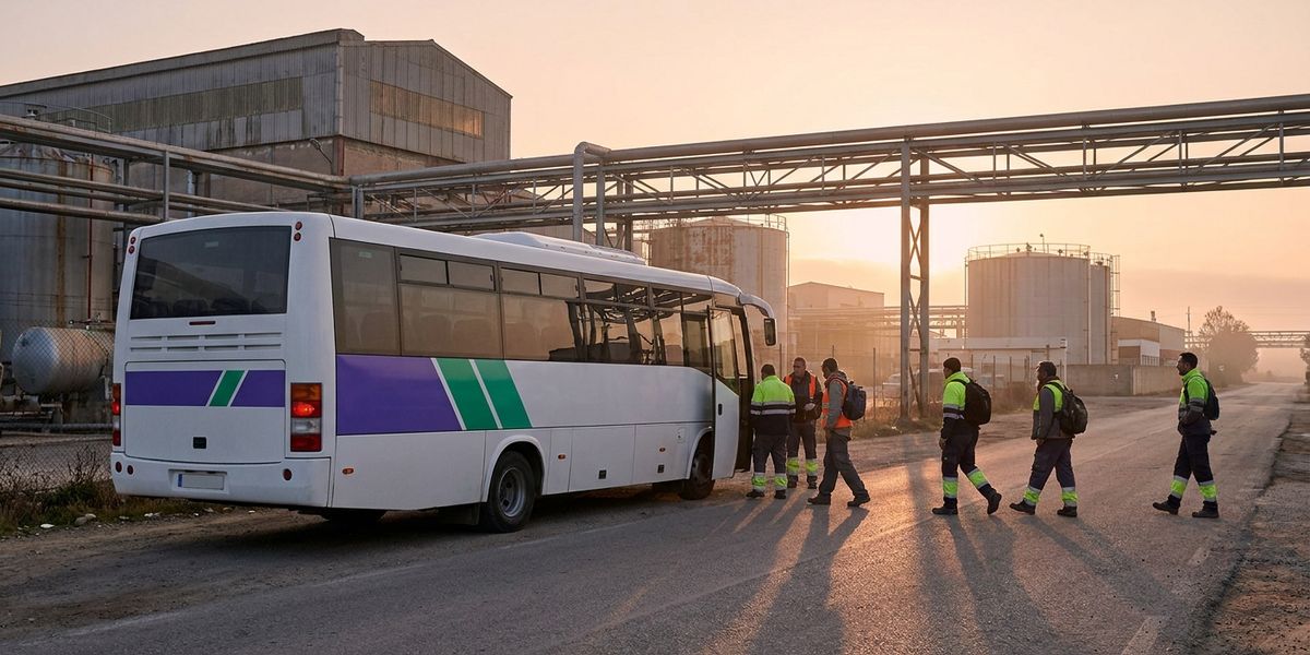 Autobús lanzadera de empresa recogiendo a trabajadores a primera hora frente a una planta industrial española