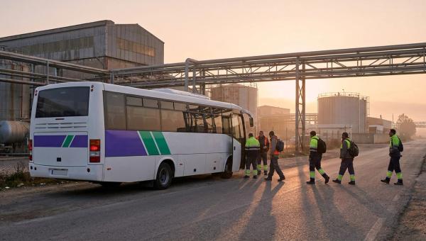 Autobús lanzadera de empresa recogiendo a trabajadores a primera hora frente a una planta industrial española