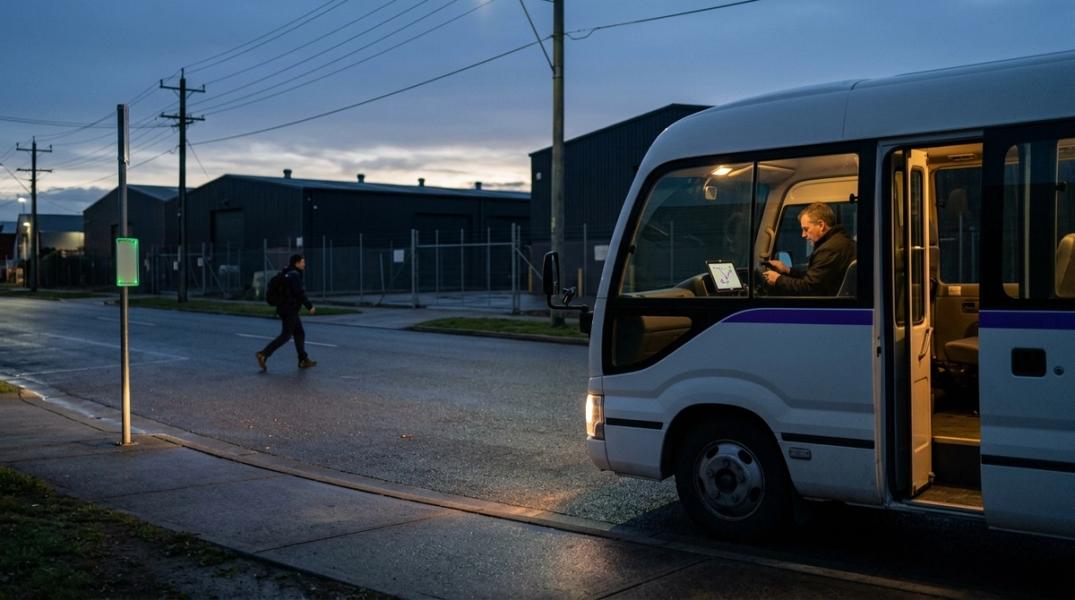 Before dawn, a shuttle waits at a stop, door open, as the driver checks a dashboard tablet and a rider crosses toward it