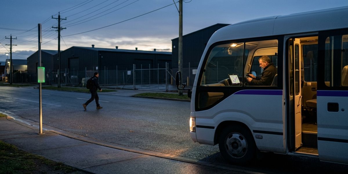 Before dawn, a shuttle waits at a stop, door open, as the driver checks a dashboard tablet and a rider crosses toward it