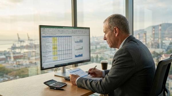 סמנכ״לית כספים בישיבת דירקטוריון מציגה גיליון אלקטרוני עם חמש קטגוריות עלות של הסעת עובדים מול שקופית NPV