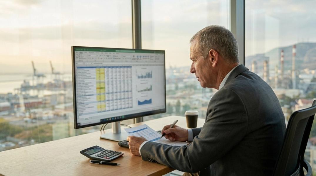 סמנכ״לית כספים בישיבת דירקטוריון מציגה גיליון אלקטרוני עם חמש קטגוריות עלות של הסעת עובדים מול שקופית NPV