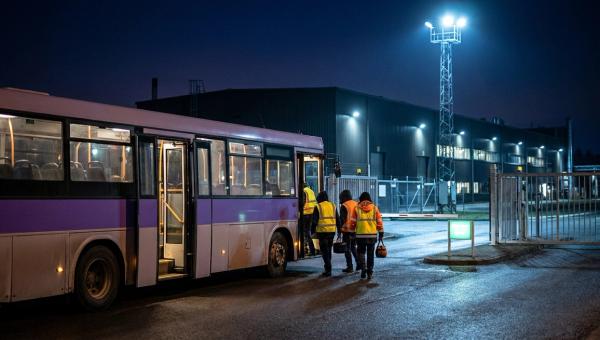An employee shuttle at a lit manufacturing-plant gate at night as two workers in hi-vis vests board for a shift change