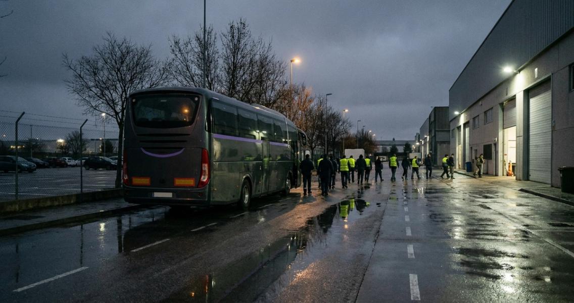 Trabajadores con chalecos reflectantes caminan desde un autocar aparcado hacia una nave industrial al amanecer