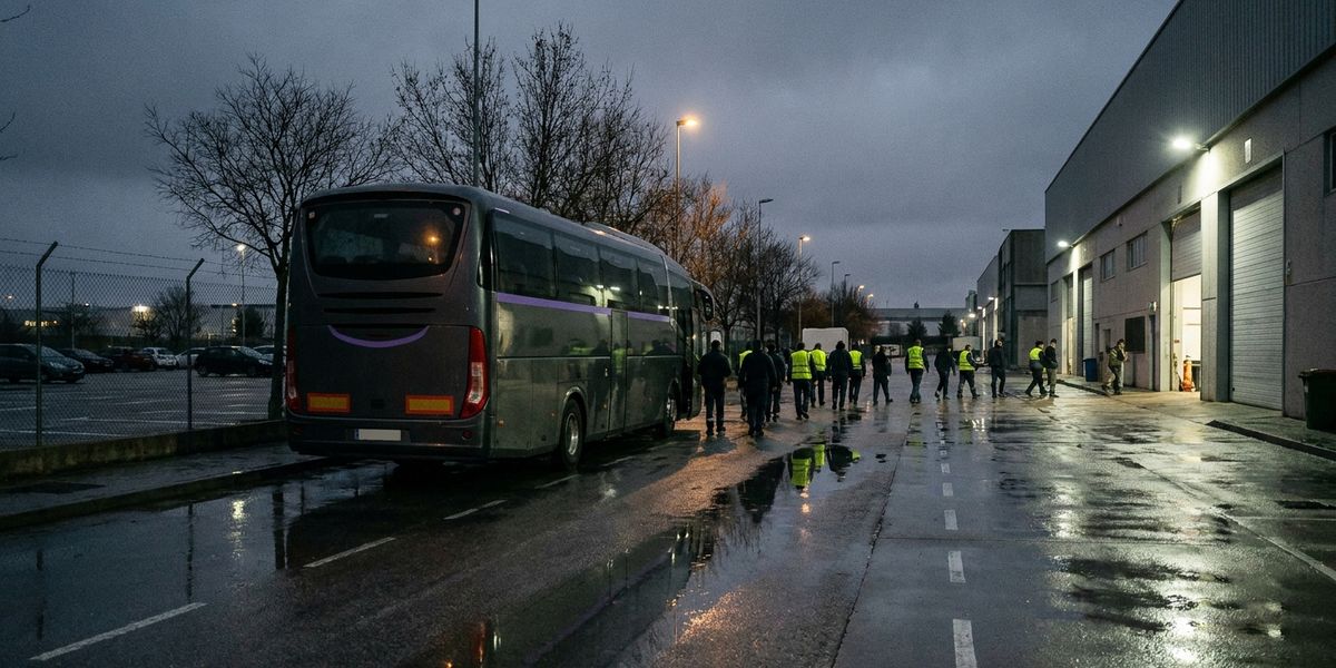 Trabajadores con chalecos reflectantes caminan desde un autocar aparcado hacia una nave industrial al amanecer