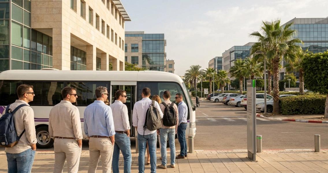 חניון מלא בשעות הבוקר בפארק הרצליה פיתוח ביום שלישי, עם אוטובוס שאטל ארגוני יוצא מתחנת רכבת ישראל בהרצליה לעבר מגדלי המשרדים