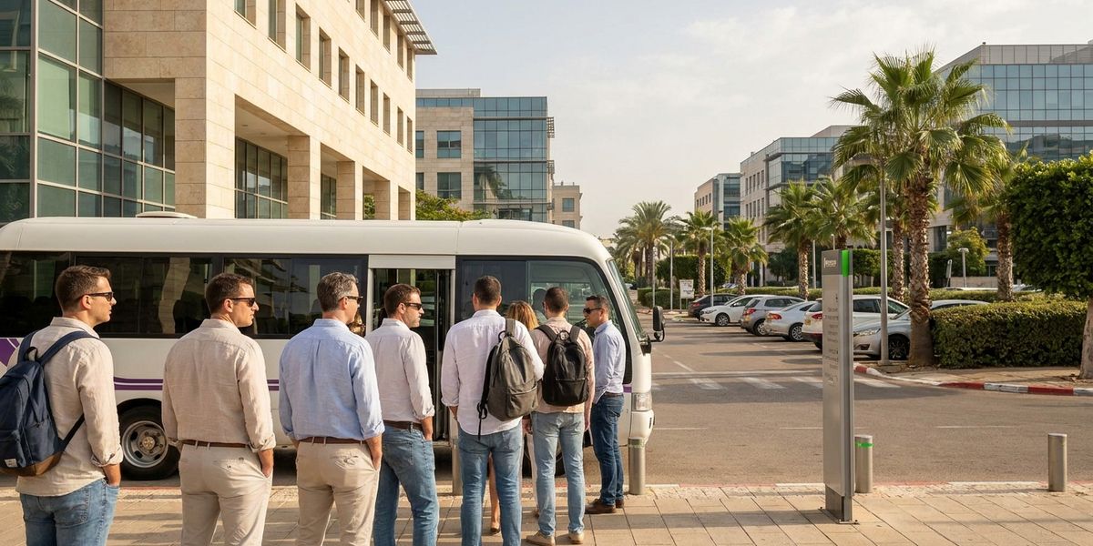 חניון מלא בשעות הבוקר בפארק הרצליה פיתוח ביום שלישי, עם אוטובוס שאטל ארגוני יוצא מתחנת רכבת ישראל בהרצליה לעבר מגדלי המשרדים