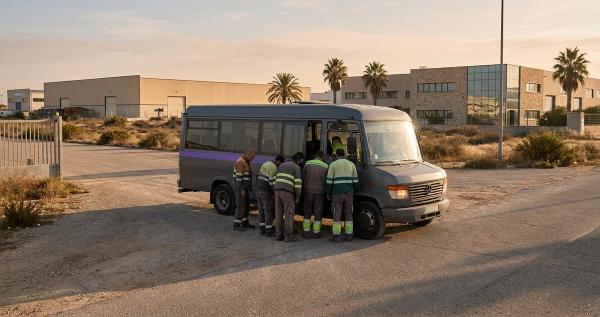 Autobús lanzadera de empresa recogiendo a trabajadores en la entrada de un polígono industrial al amanecer.