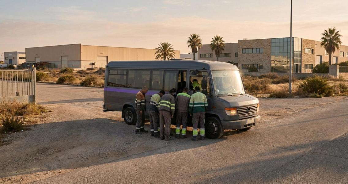 Autobús lanzadera de empresa recogiendo a trabajadores en la entrada de un polígono industrial al amanecer.