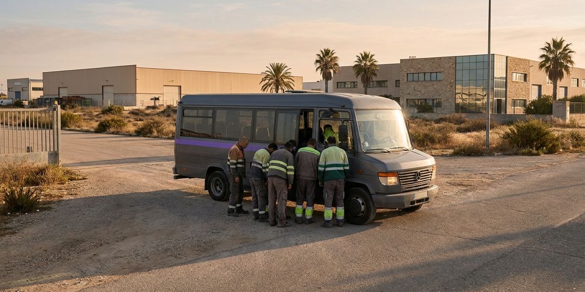Autobús lanzadera de empresa recogiendo a trabajadores en la entrada de un polígono industrial al amanecer.