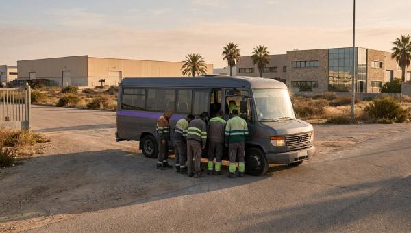 Autobús lanzadera de empresa recogiendo a trabajadores en la entrada de un polígono industrial al amanecer.