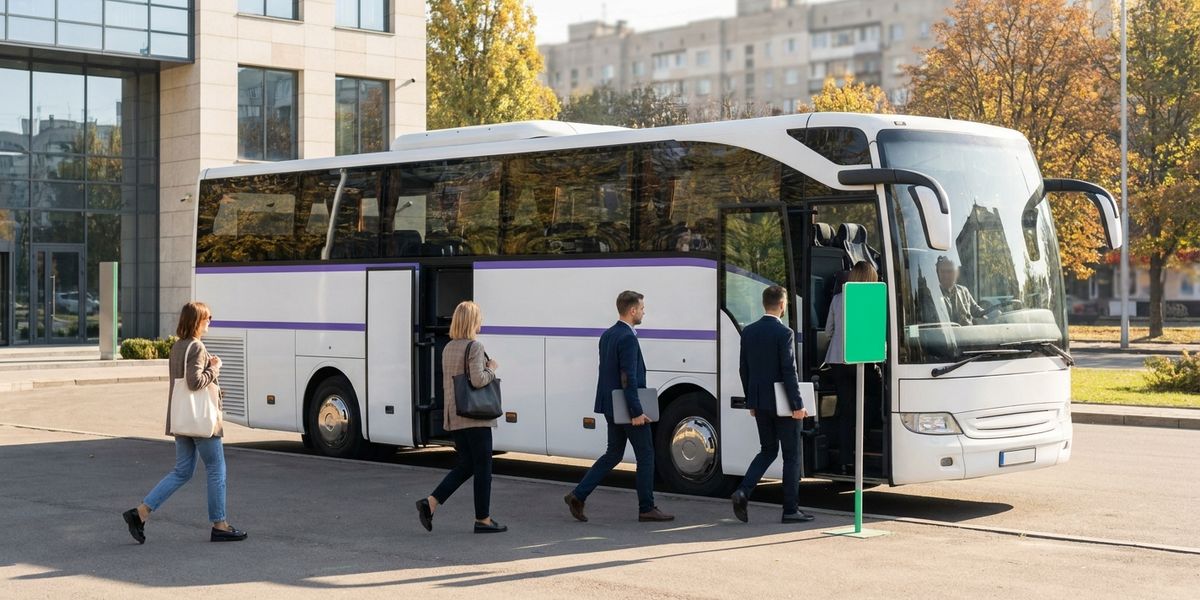 Працівники сідають у корпоративний шатл біля офісного центру в українському місті вранці