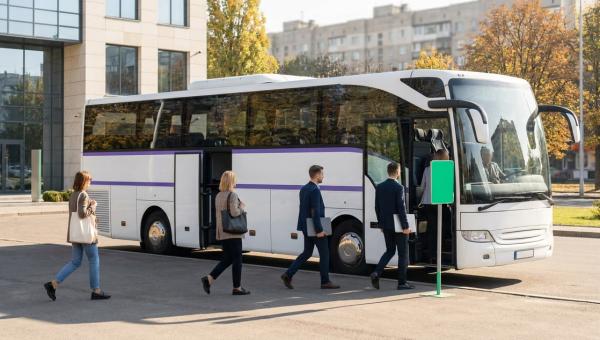Працівники сідають у корпоративний шатл біля офісного центру в українському місті вранці