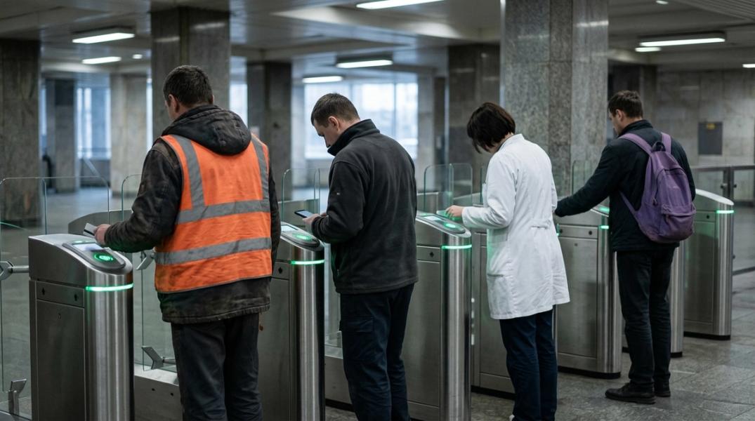 Працівники в робочому одязі прикладають картки й телефони до турнікетів метро рано-вранці