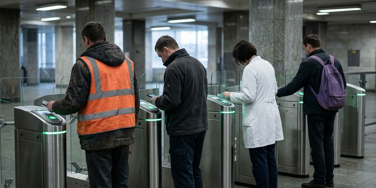 Працівники в робочому одязі прикладають картки й телефони до турнікетів метро рано-вранці